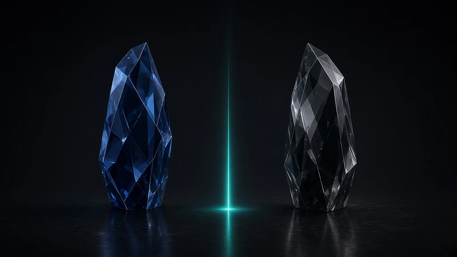 Dos monolitos de cristal facetado, uno índigo y otro ahumado, enfrentados sobre fondo oscuro y separados por una línea de luz turquesa.
